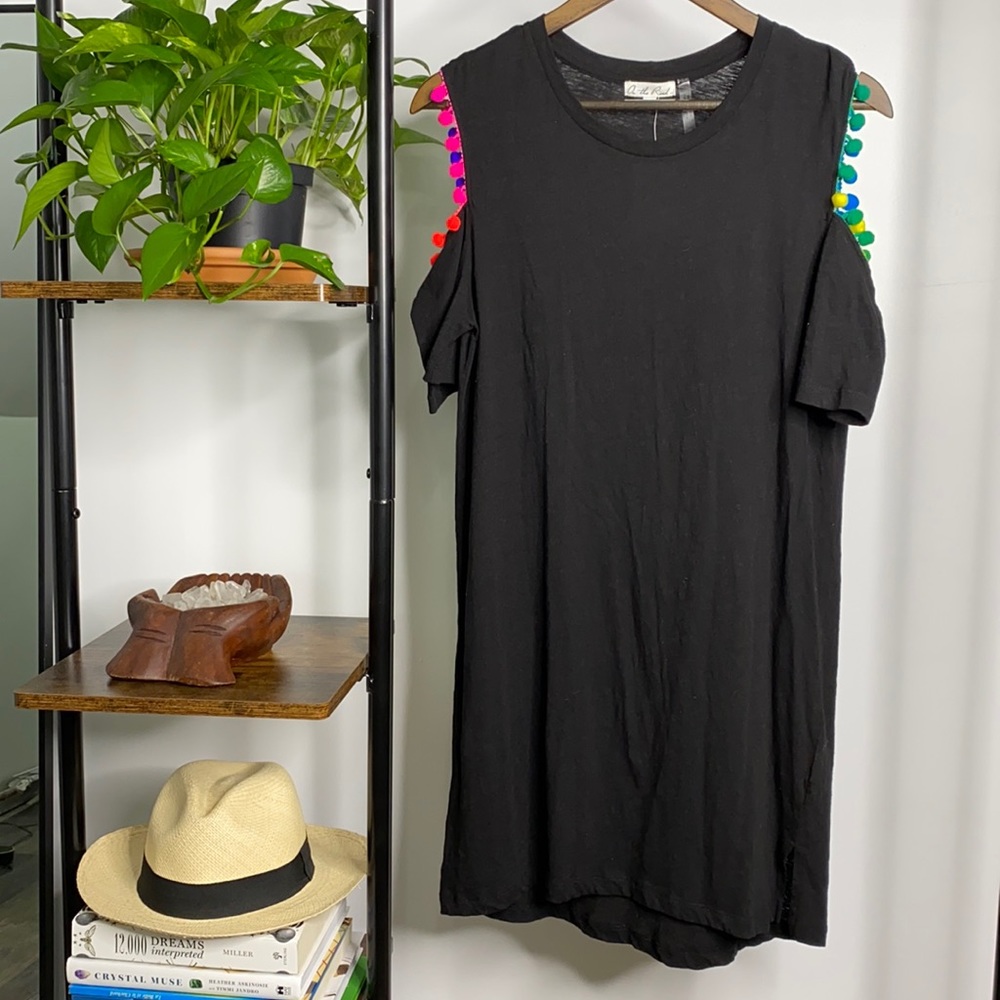 On The Road • NWT Black Cold Shoulder Rainbow Pom Trim Mini Dress